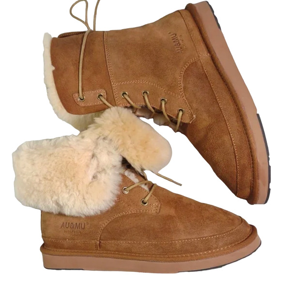 AU&MU Classic Suede 8.5 Sheepskin $495 Winter Boots Shearling Fur SnUGG Snow - Picture 1 of 16